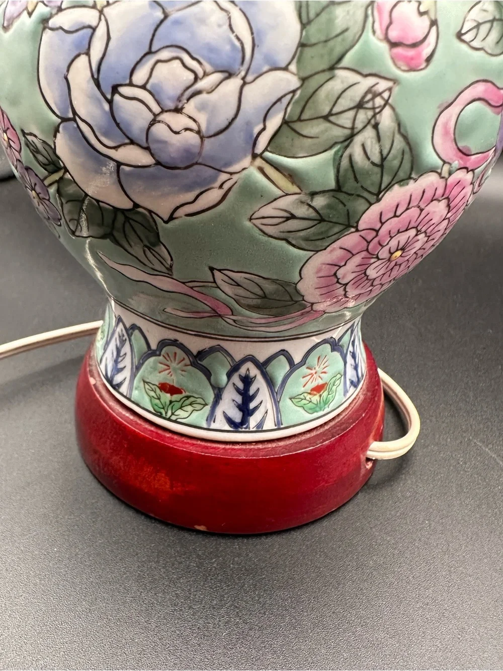 Vintage Chinese Porcelain Ginger Jar Mini Lamp – Celadon Peony Floral, Wood Base